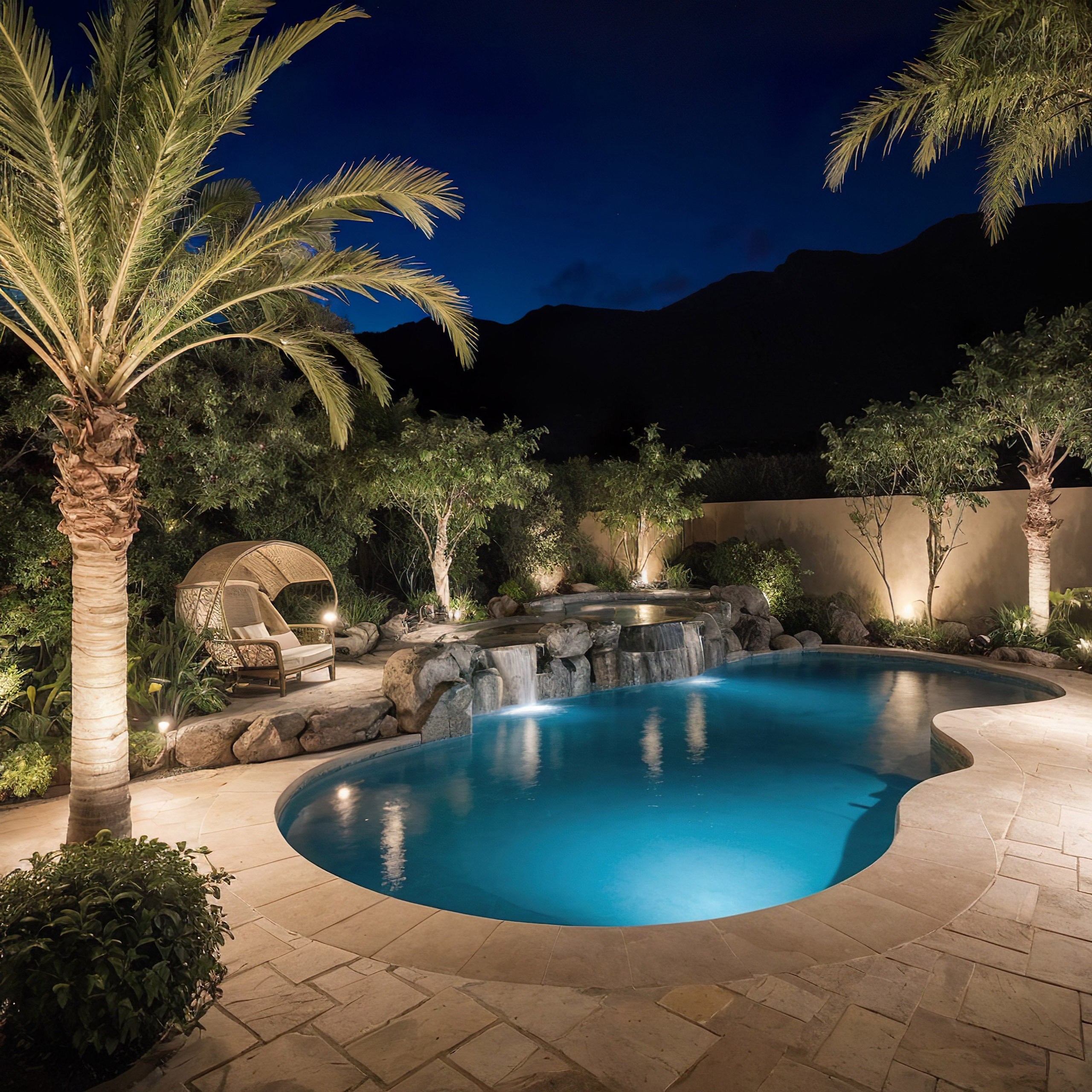 Pool view of lighting effects, sculpted palm trees, at dusk